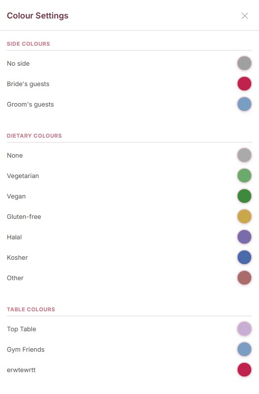 Colour Settings panel showing side colours, dietary colours and table colours