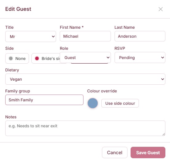 The Edit Guest panel showing title, name, side, RSVP, dietary needs, family group and notes