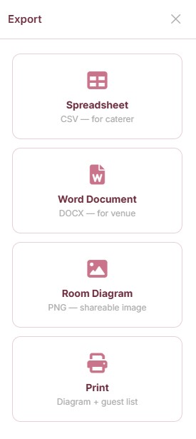 The Export menu offering Spreadsheet, Word Document, Room Diagram and Print options