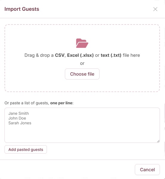 The Import Guests dialog with drag-and-drop upload and paste-a-list option