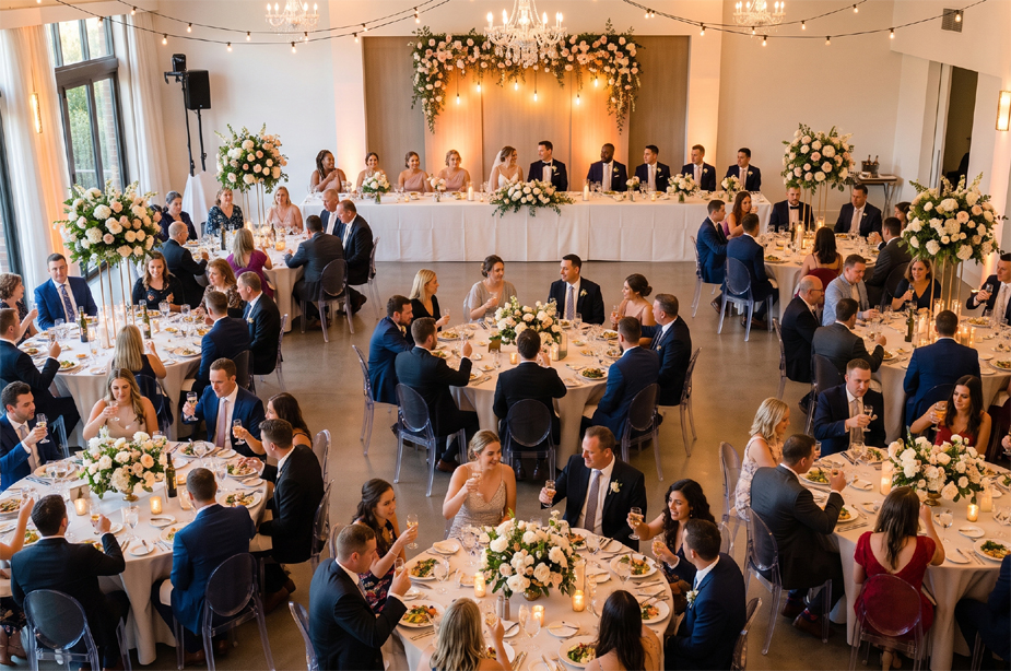 A wedding reception laid out with a top table and round guest tables, seated and ready — the kind of plan you build with Wedding Table Planner Online